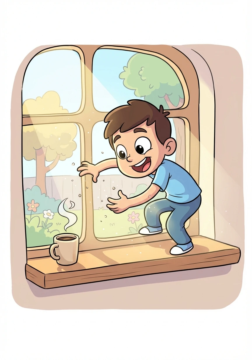 The scene shifts to a tranquil morning. Sunlight streams through a window, illuminating dust motes dancing in the air. A steaming cup of coffee sits on a windowsill.