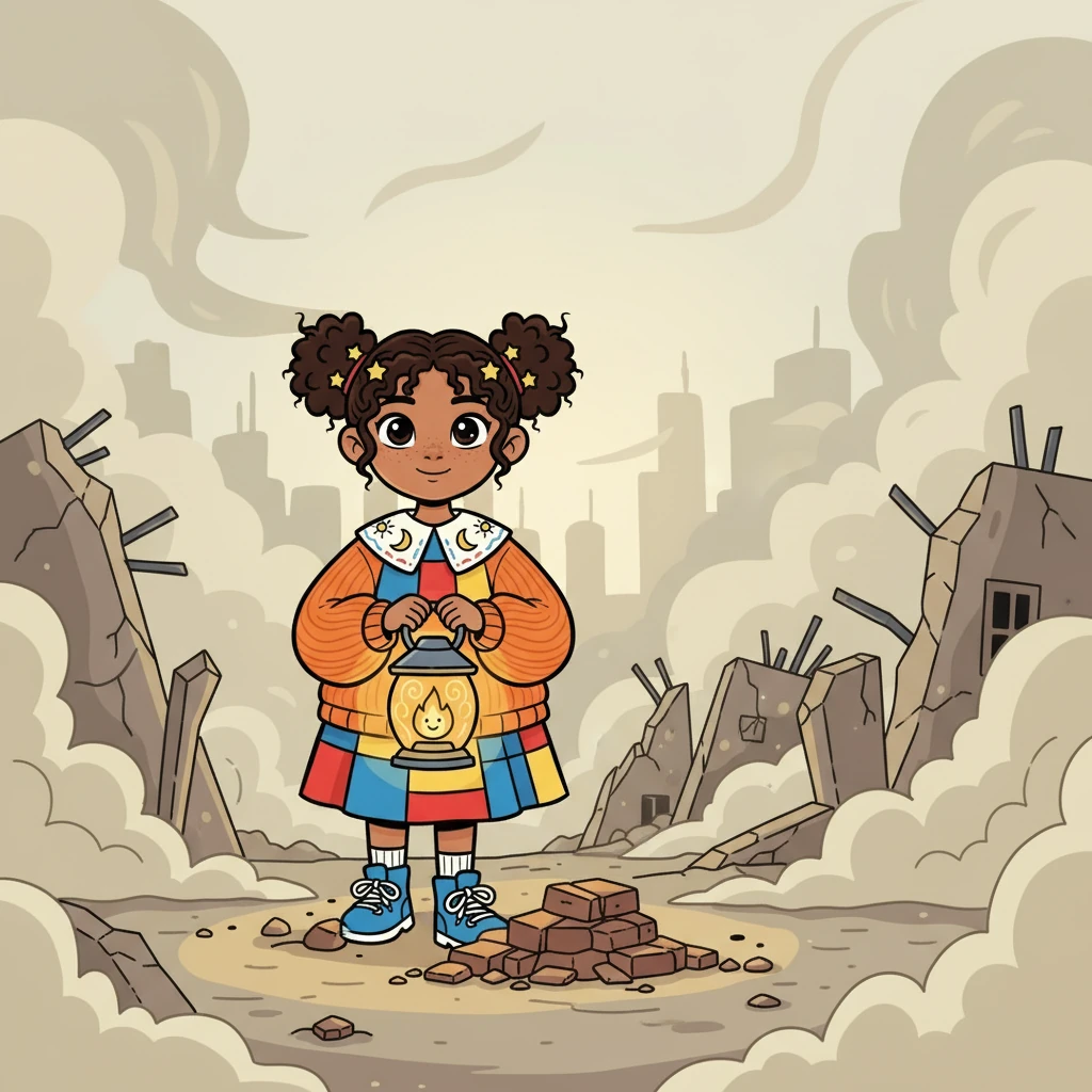 Elara walked through a city scarred by conflict. Buildings stood broken, and dust filled the air. The silence was heavy, but a faint golden glow caught her eye.