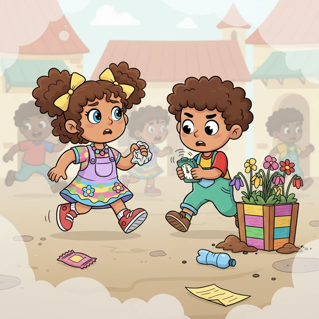 As years passed, a strange 'Hurry' virus infected the villagers, making them rush and forget their shared home. Small acts of carelessness, like discarding a tiny wrapper or a plastic bottle, became common. An invisible veil of sadness began to cover the once-bright village.