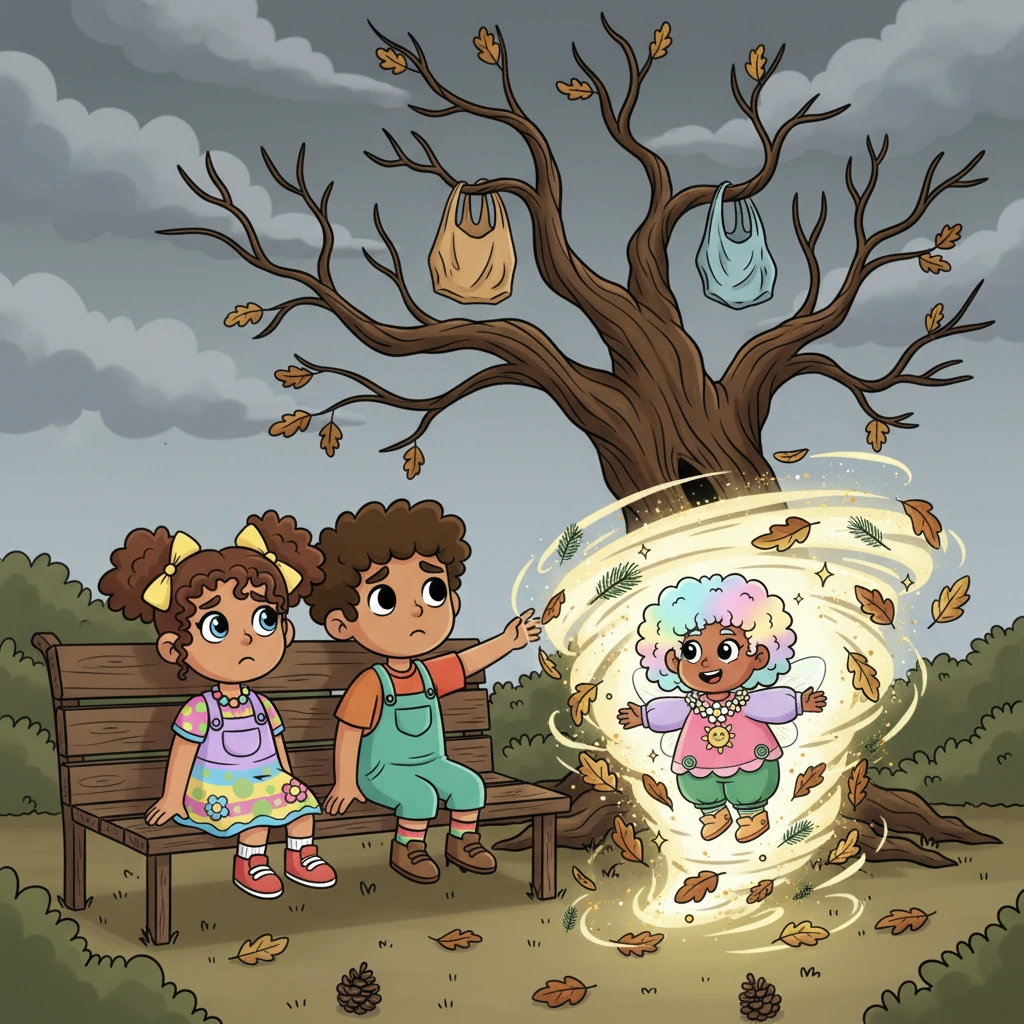 One gloomy autumn afternoon, with gray clouds hiding the sun, Anita and Benito sat on a park bench, gazing sadly at the old oak tree. As Benito tried to reach the plastic bag tangled in its branches, a whirlwind of dry leaves, golden sparks, and pine scent swirled before them. From its center emerged Recisla, the Transformation Fairy.