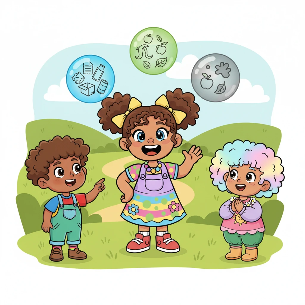 To guide them, Recisla waved her hand, revealing three glowing spheres of light. The blue sphere represented the Invincibles (paper, cardboard, glass, metal) that could be reborn. The green sphere was for Mother Earth's Team (fruit and vegetable scraps) that transformed into nourishing compost. The gray sphere was for Non-Recyclables, to be used as little as possible.