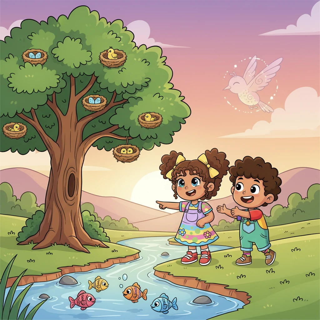 Thanks to their collective effort, one spring morning, the crystalline sound of water returned, and the river regained its transparency. Fish swam happily once more, and the grand oak proudly hosted new bird nests. As the sun painted the sky violet, Anita and Benito felt a gentle flutter nearby, knowing Recisla was silently celebrating Villalimpia's renewed sparkle. They understood that protecting Earth is the greatest adventure of all.