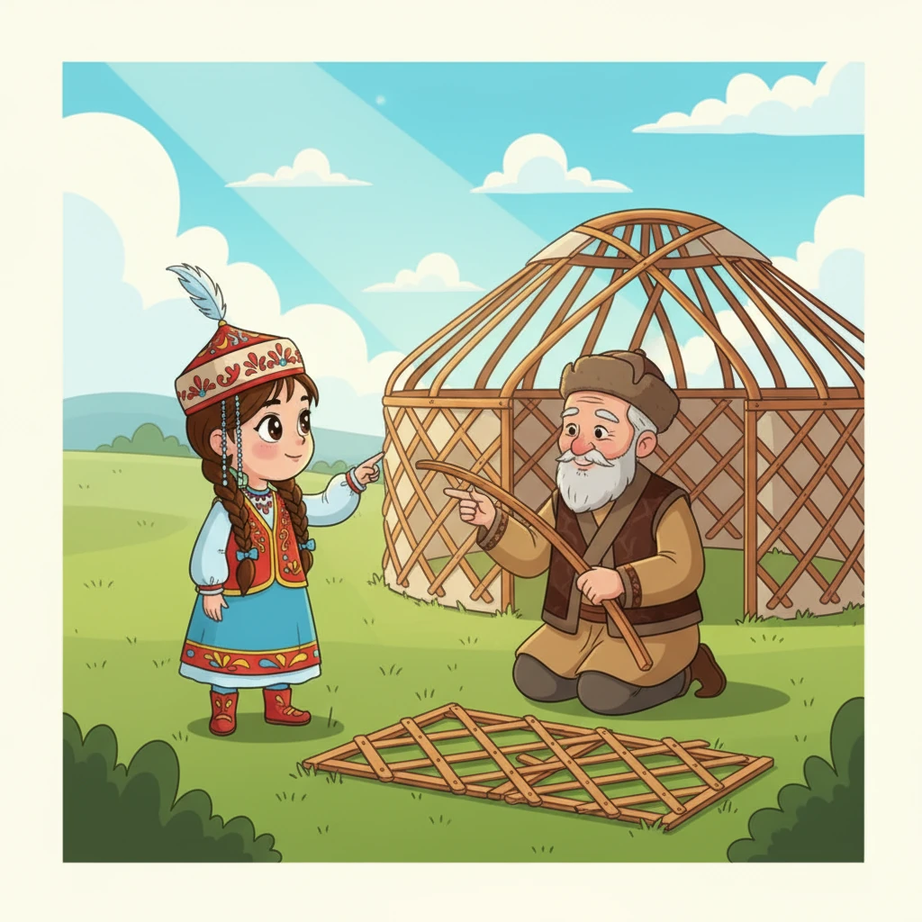 Келесі атасы уықтар туралы айтты. «Шаңырақтан төмен қарай уықтар таралады. Олар киізүйдің қаңқасын құрайды. Ал кереге – киізүйдің қабырғасы, ол жиналып, жайылатын торлы ағаштан жасалған.»