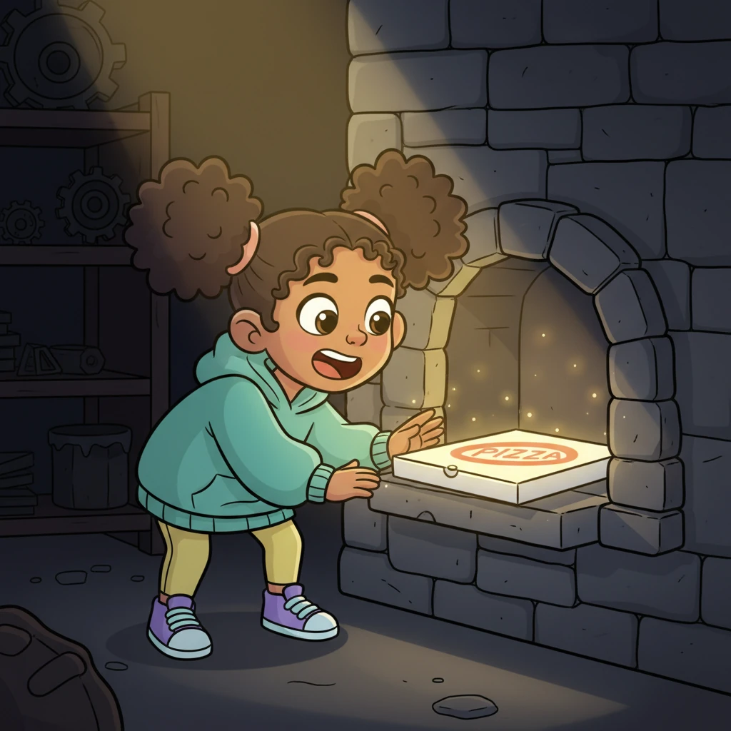 As the light pierced the darkness, a most unexpected sight came into view. Lily's jaw dropped, then a wide grin spread across her face. "…Pizza?" she exclaimed in disbelief, for nestled perfectly within the secret compartment was a pristine, slightly glowing pizza box.