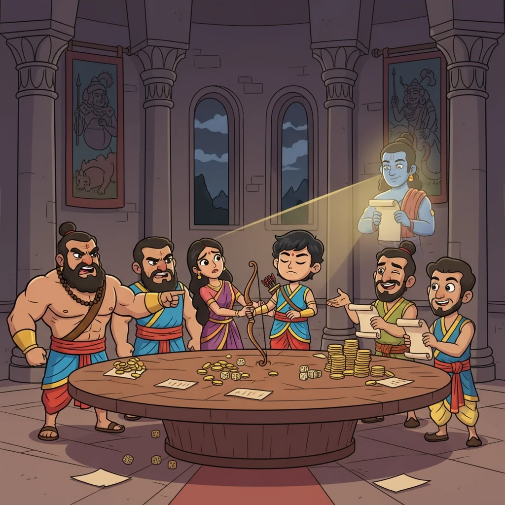 A game of dice was played, and the Kauravas cheated the Pandavas out of their kingdom. Draupadi, Arjun's wife, was insulted. Bhima vowed to avenge the insult. Arjun felt anger, but remembered Krishna's words of wisdom and decided to stay calm.