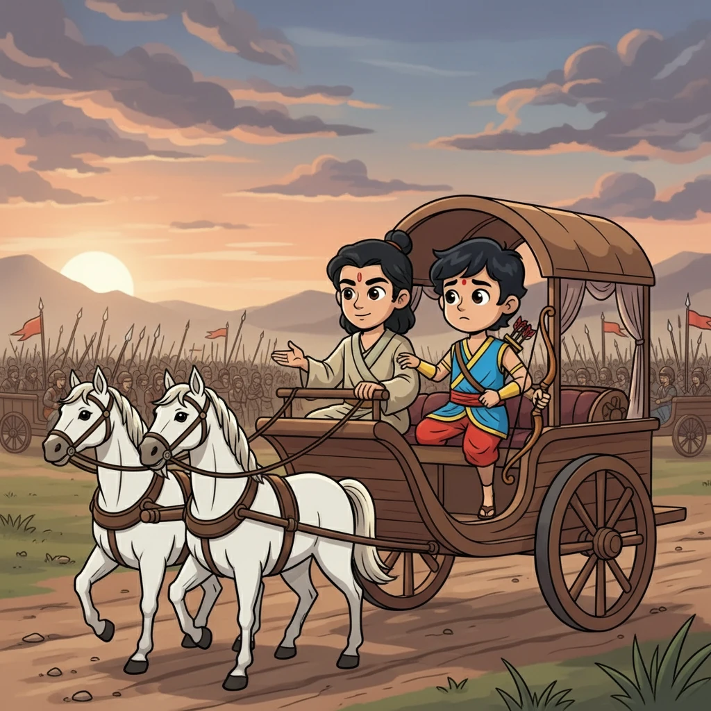 The great war of Kurukshetra was inevitable. Arjun was conflicted about fighting his own family. Krishna, acting as Arjun's charioteer, guided him. He taught Arjun that doing his duty was most important.