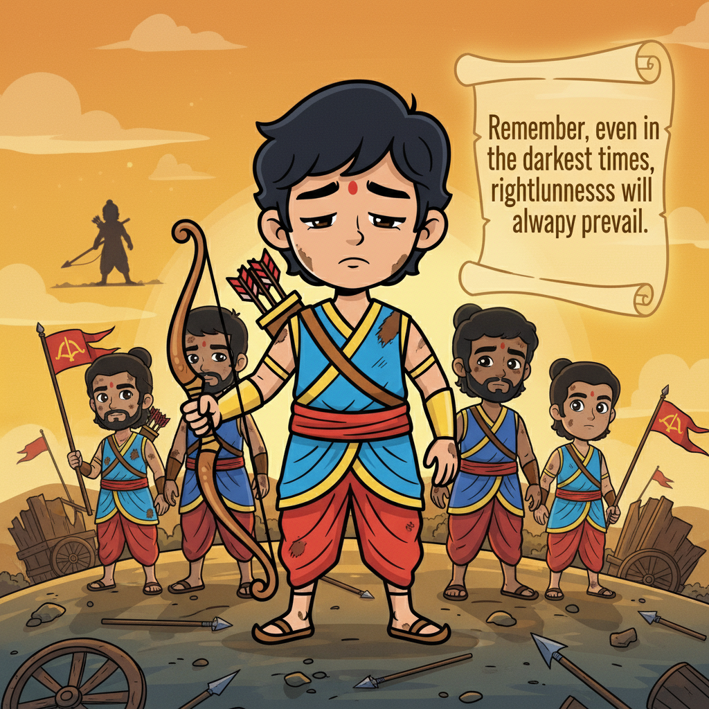 In the end, good triumphed over evil. Arjun fought bravely. The Pandavas won the war, but with heavy hearts. Arjun learned that true victory lies not just in winning, but in living a life of dharma, courage, and love. "Remember, even in the darkest times, righteousness will always prevail."
