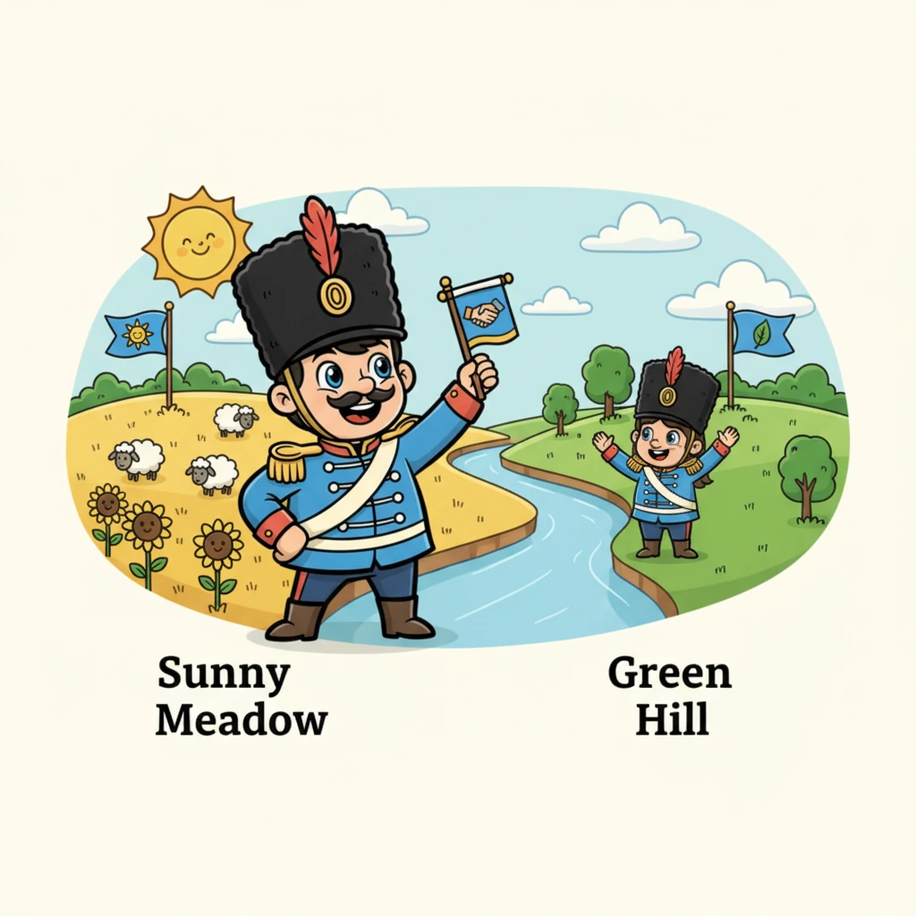 Once upon a time, there were two beautiful lands, side-by-side, called Sunny Meadow and Green Hill. They had their own unique flags waving proudly in the breeze, but their people were always kind to each other. They often shared smiles and waved hello across their gentle border.