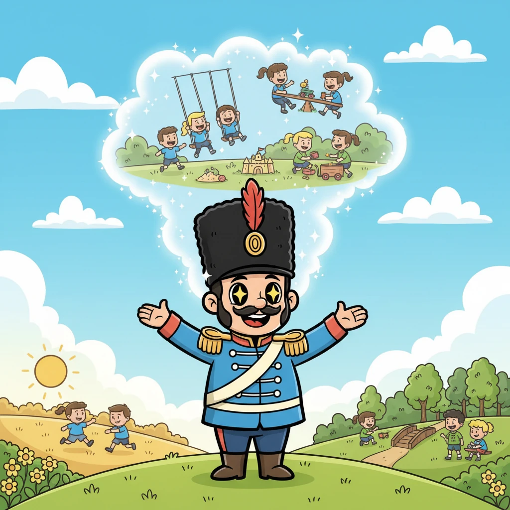 One sunny morning, while looking at the two lands, Prince Alex had a wonderful, sparkly idea! He imagined a world where the children from Sunny Meadow and Green Hill could play together every day, sharing all their toys and adventures. His eyes lit up with excitement!