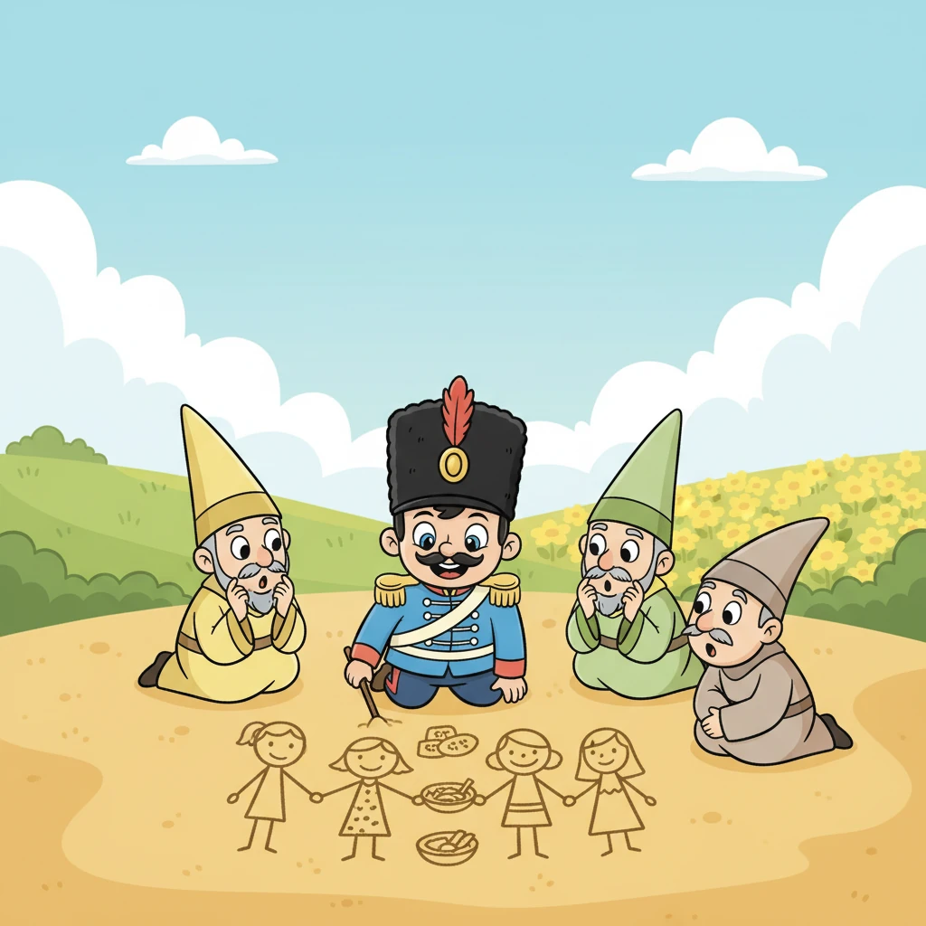 Prince Alex gathered his wisest advisors from both Sunny Meadow and Green Hill. He explained his big idea with a hopeful smile, drawing pictures in the sand of everyone holding hands and sharing snacks. The advisors listened carefully, their faces showing thoughtful surprise.