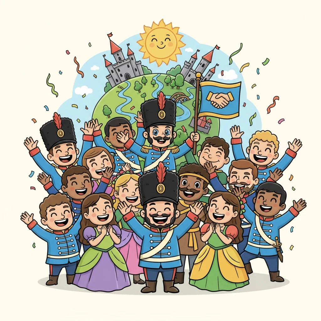 After much happy chatter and friendly discussion, the people of both lands agreed! They decided to join together and become one super-duper, extra-friendly land. Everyone cheered and clapped their hands, excited for their new adventure together.