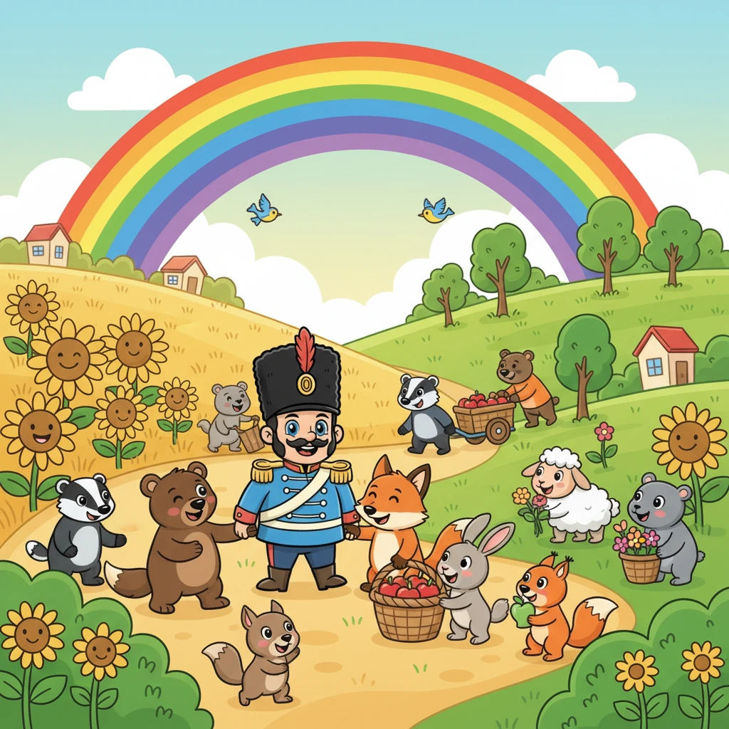 From that day on, Sunny Meadow and Green Hill were no longer two separate places, but one magnificent, united land. A beautiful rainbow arch appeared over their shared border, symbolizing their new connection and friendship. Everyone helped each other and shared everything.