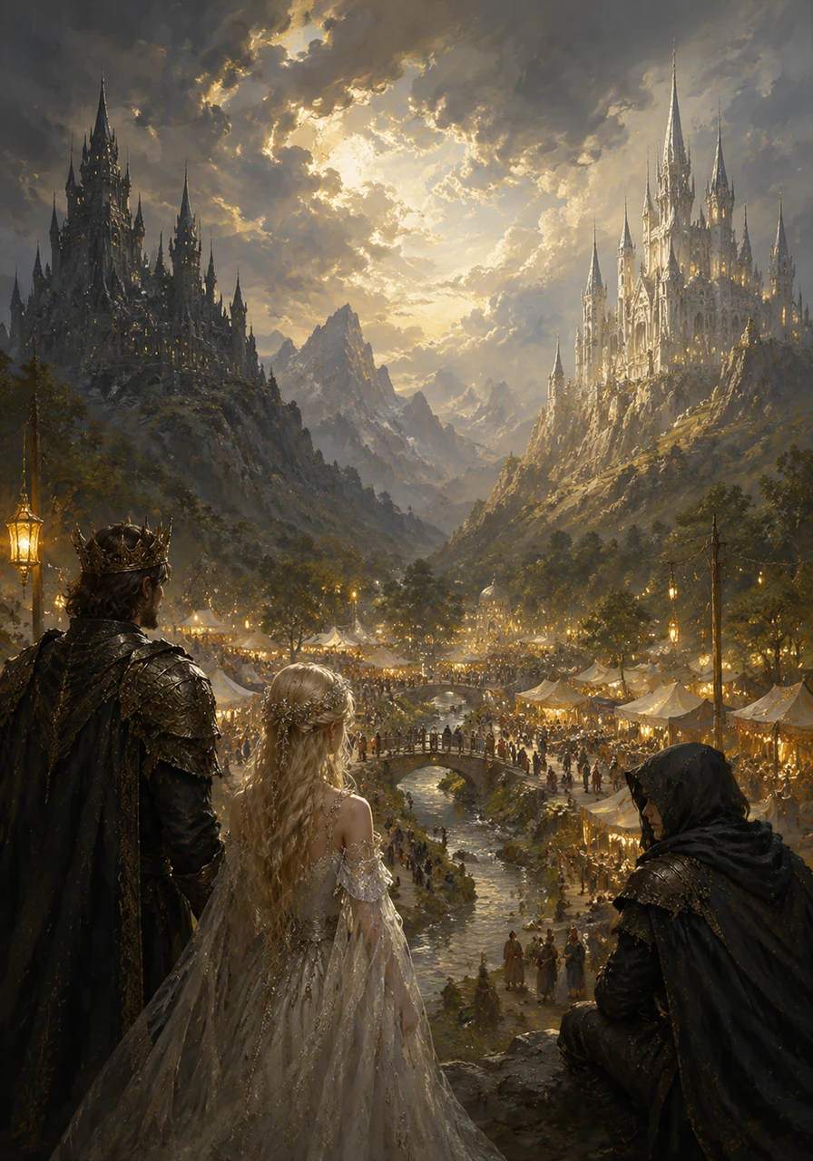Beneath a sky of swirling clouds, the dark spires of Valdoria and the radiant silver towers of Elaria stand divided by jagged mountains and ancient forests. In the valley between them lies the Holy Land, a peaceful sanctuary where the golden light of lanterns illuminates a bustling neutral market untouched by the hatred of the two realms.