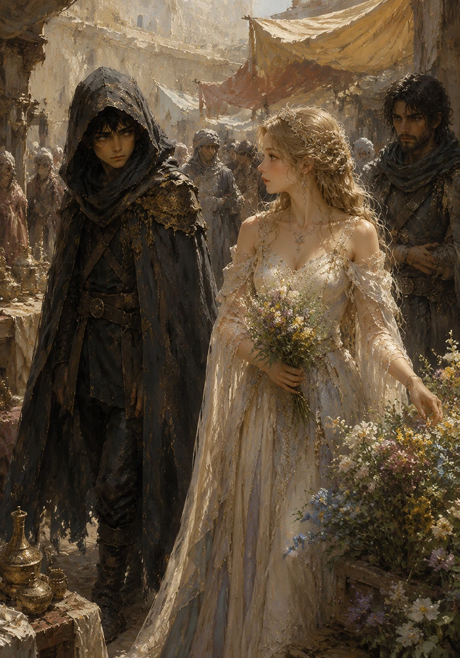 Disguised in a travel-worn hooded cloak, King Thalen walks through the vibrant stalls of the Holy Land market, seeking a moment of respite from his heavy crown. His gaze locks with Liora’s as she selects a bouquet of wildflowers, her gentle presence casting a spell of silence over the crowded square.