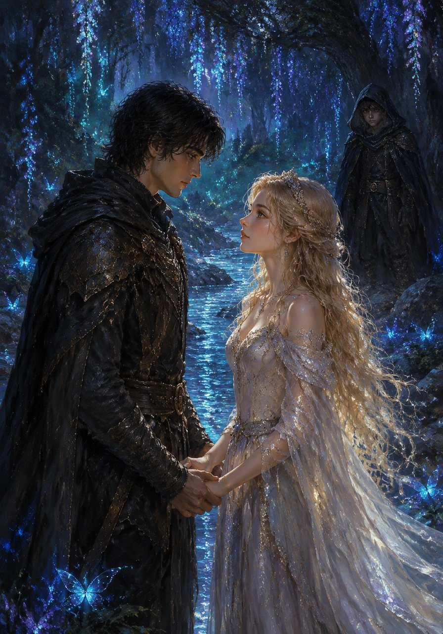 Deep within the glowing, bioluminescent forest, Thalen and Liora share a quiet moment by a shimmering river, their laughter echoing through the trees. The air grows heavy with emotion as they finally reveal their true identities, choosing to embrace their forbidden love despite the deadly laws that demand their separation.
