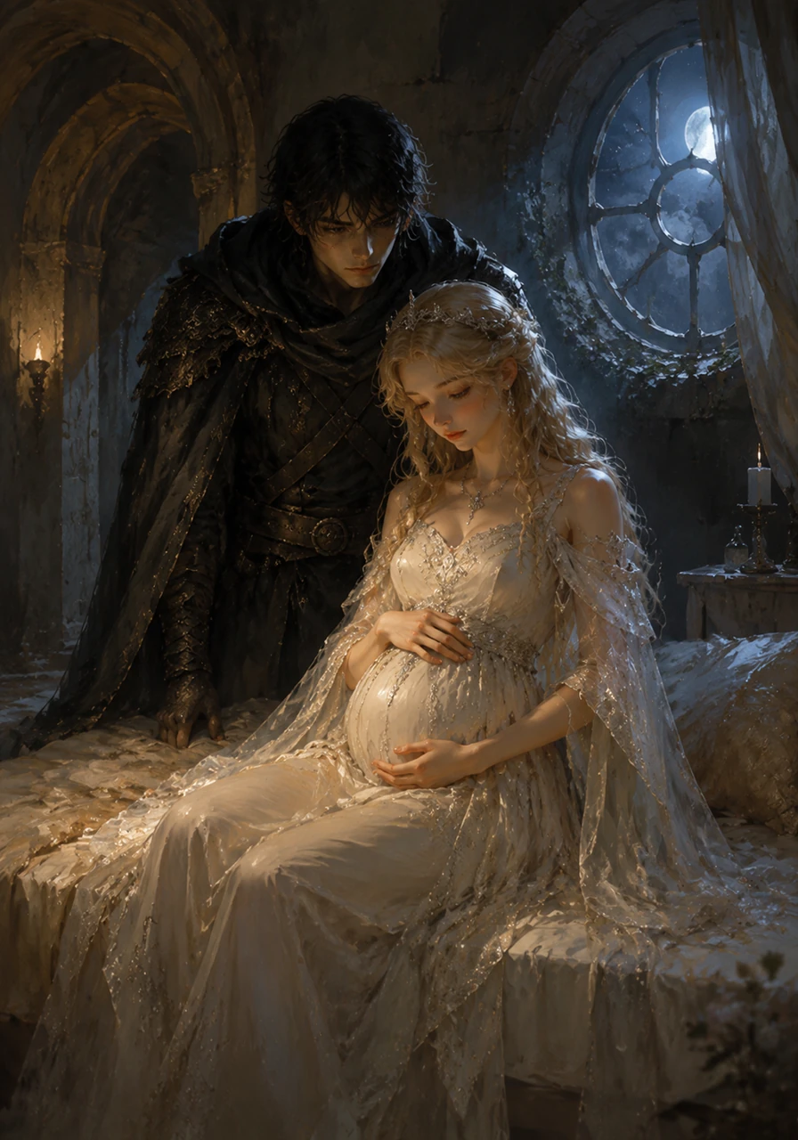 Under the cover of midnight, Thalen guides Liora through the palace's secret passages, hiding her within a chamber bathed in soft moonlight. As the years pass in whispered promises, their love bears fruit, and Liora looks down at her growing belly with a mixture of hope and profound fear.