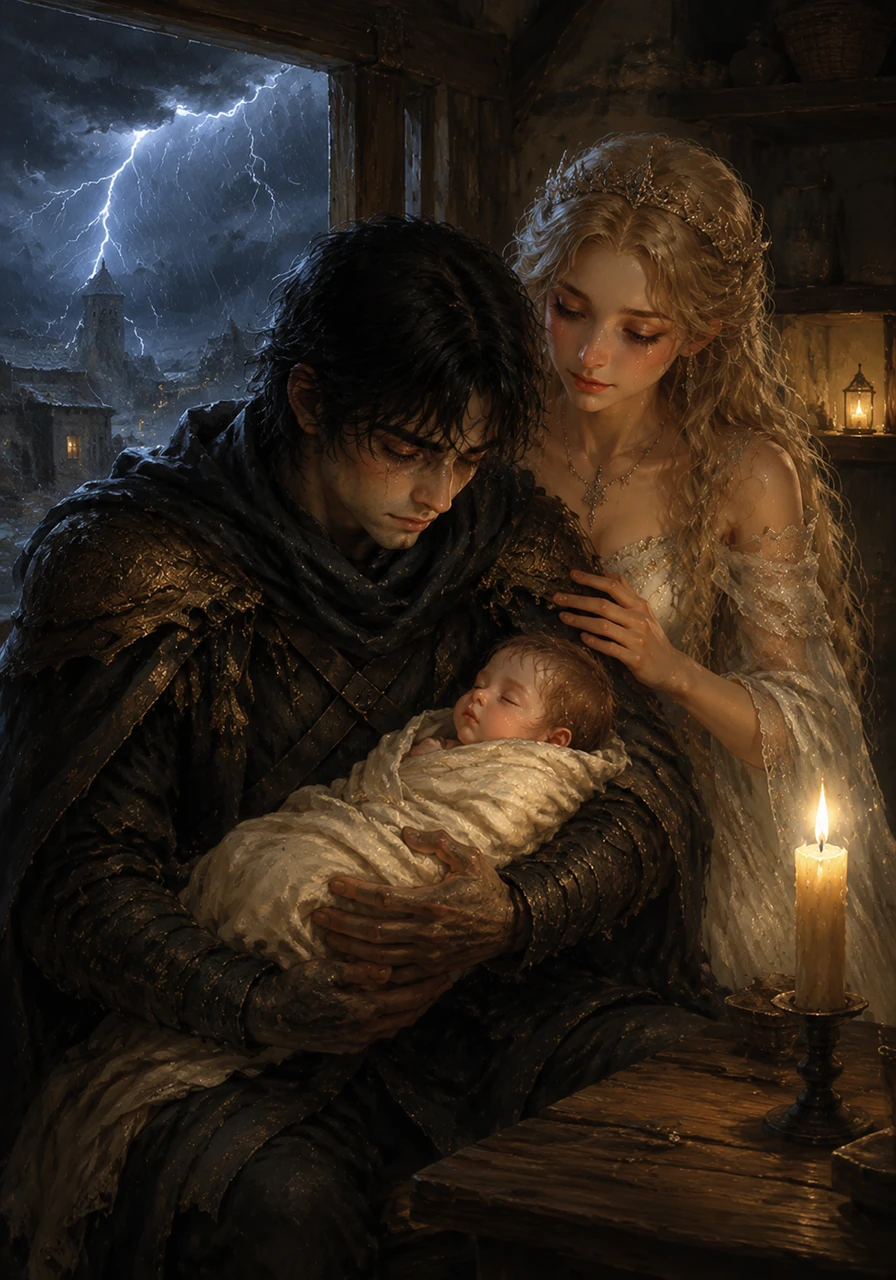 In a small cottage within the Holy Land, a fierce storm rages outside while warm candlelight flickers over a newborn's face. King Thalen cradles his son, Kael, for the first time, his eyes filling with tears as he realizes the child represents a bridge between two warring worlds.