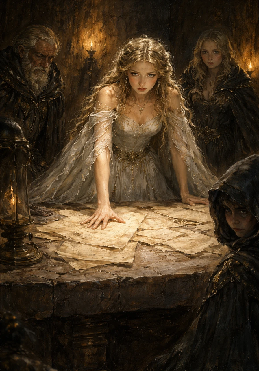 Queen Seraphine’s eyes burn with cold fury as she examines intercepted documents that reveal the truth about the woman hidden in the palace shadows. Surrounded by her secret council, she slams her hand onto a stone table, plotting a ruthless end to the King’s betrayal and the Elarian bloodline.