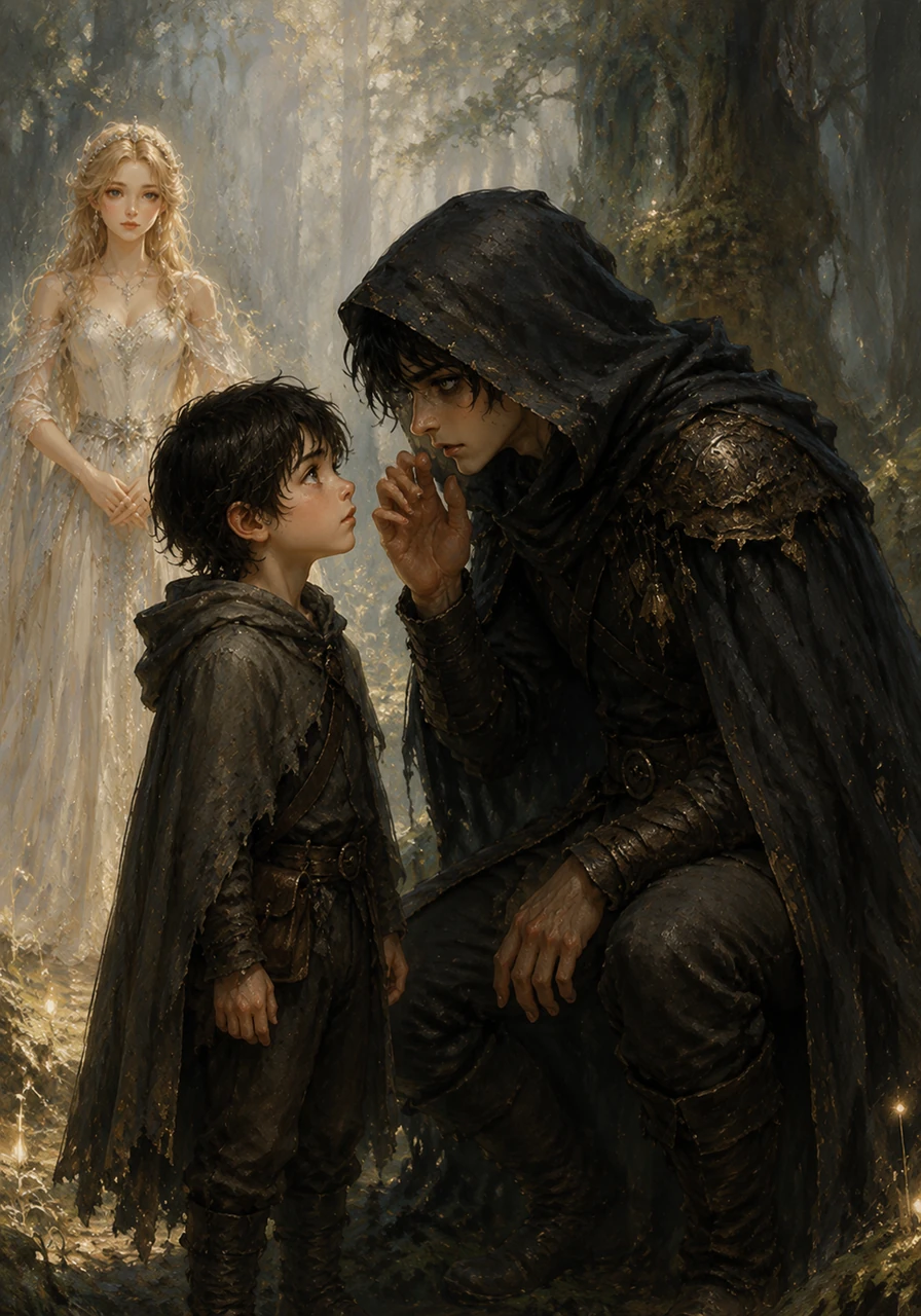 Ten-year-old Kael walks through the enchanted forest, his eyes wide with wonder as he stands before the formidable Commander Idran. The silver-eyed warrior leans down to whisper of ancient prophecies and the destiny that awaits those who dare to enter the sacred woods.