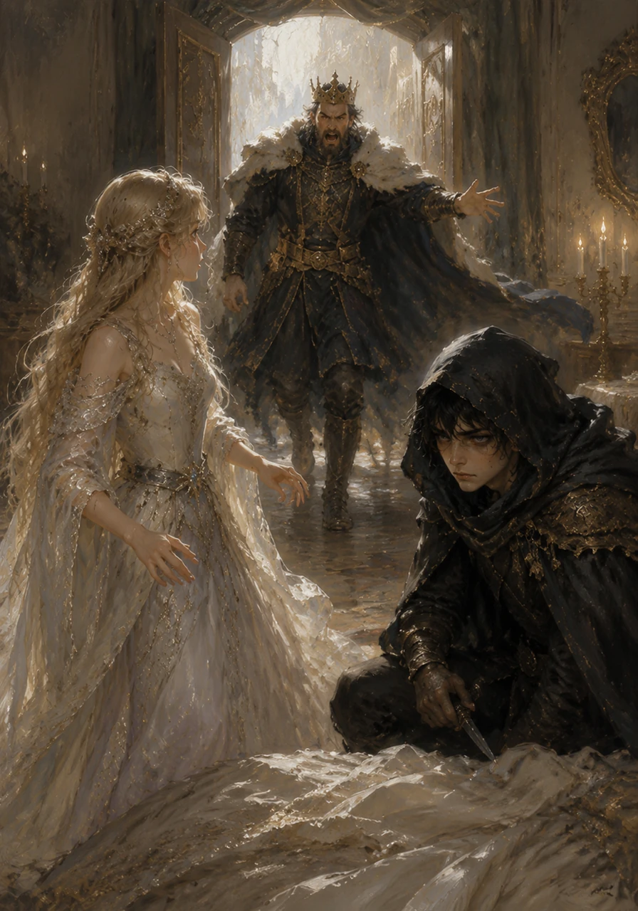 The palace doors burst open as King Thalen storms into the Queen’s private chambers, his face a mask of grief and uncontrollable rage. He confronts Seraphine amidst the flickering shadows of the room, the air crackling with the realization that his secret has finally ignited a fire that will consume both kingdoms.