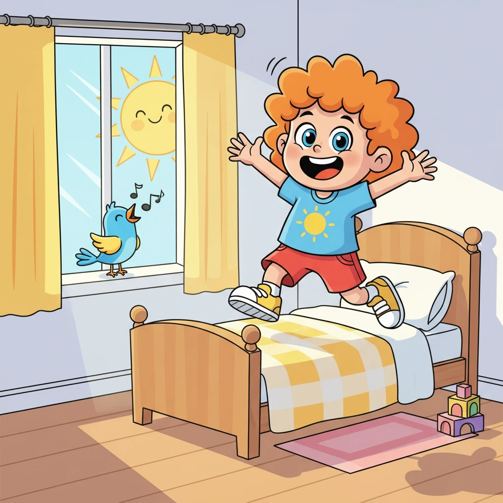 Pip wordt wakker en ziet de zon schijnen. Een grote glimlach verschijnt op zijn gezicht als hij een vrolijke vogel hoort zingen. Hij springt uit bed, klaar voor een nieuwe, leuke dag. Alles voelt licht en blij.