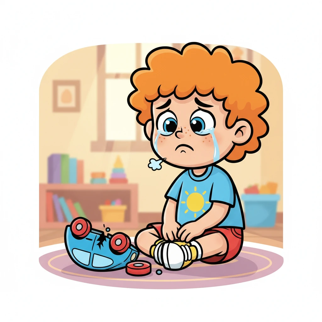 Terwijl Pip met zijn favoriete speelgoedauto speelt, valt deze per ongeluk en breekt een wieltje af. Zijn onderlip begint te trillen en grote, tranende ogen kijken naar de kapotte auto. Een diep zuchtje ontsnapt, vol verdriet.