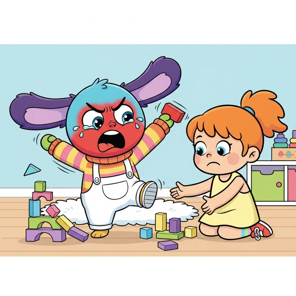 Mama probeert Pip te helpen met zijn toren van blokken, maar de toren valt steeds om. Pip stampt met zijn voetjes en zijn gezicht wordt rood van frustratie. Hij gooit een blokje weg, boos dat het niet lukt.