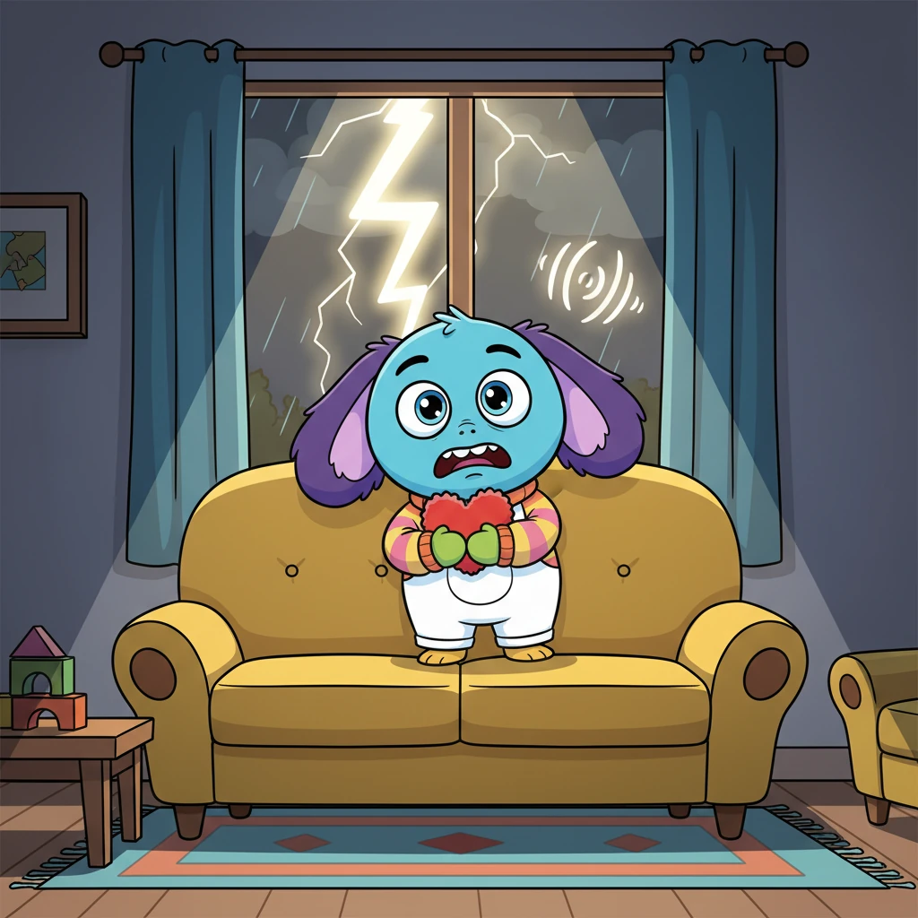 Plotseling klinkt er een harde donderslag buiten. Pip schrikt enorm en kruipt snel achter de bank, zijn ogen wijd opengesperd. Hij klemt zijn knuffelbeer stevig vast, een beetje bang voor het onbekende geluid.