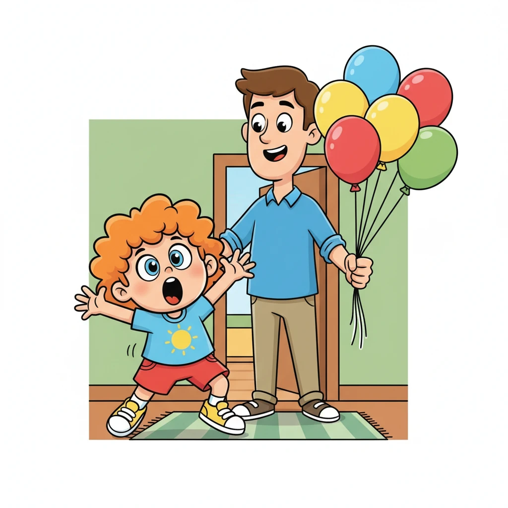 Papa komt thuis met een verrassing: een kleurrijke ballon! Pip's ogen worden groot en rond, en zijn mond valt open van verbazing. Hij reikt met een snelle beweging naar de zwevende ballon, helemaal verbaasd.