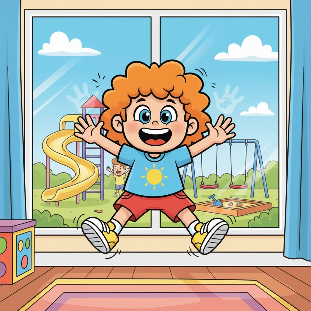 Pip staat voor het raam en ziet de speeltuin. Zijn hele lichaam wiebelt van opwinding, en hij kan niet wachten om te gaan glijden en schommelen. Hij springt op en neer, vol energie en zin in het avontuur.