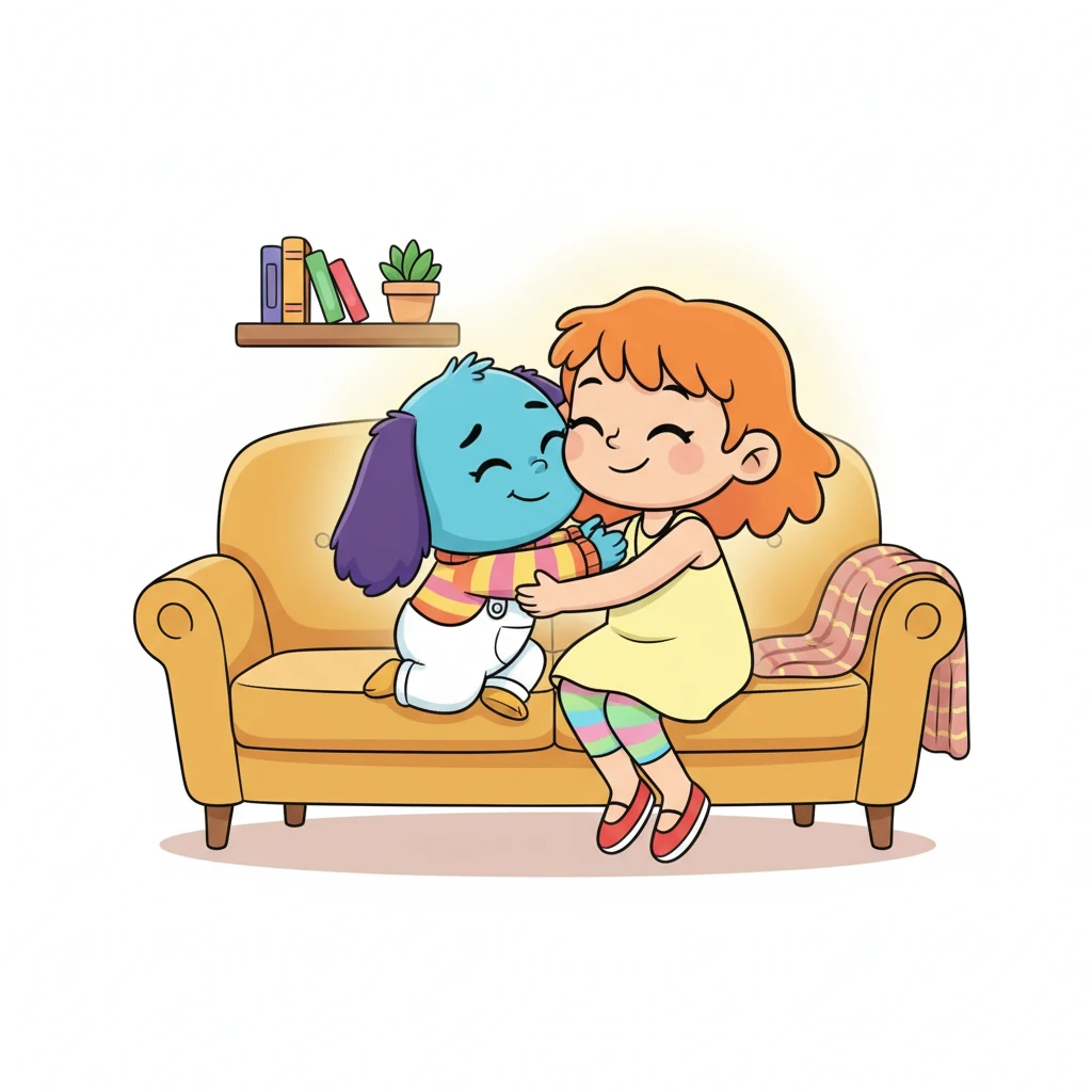 Na een drukke dag kruipt Pip lekker tegen mama aan op de bank. Hij geeft haar een dikke knuffel, zijn wang zachtjes tegen de hare. Een warm en liefdevol gevoel vult zijn hart.