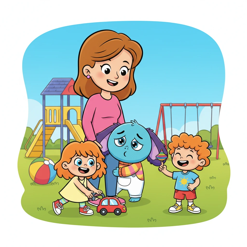 Er komen nieuwe vriendjes spelen en Pip voelt zich een beetje verlegen. Hij verstopt zich half achter mama's been en kijkt met grote ogen naar de andere kinderen. Zijn mond blijft stil, hij durft nog niet mee te doen.