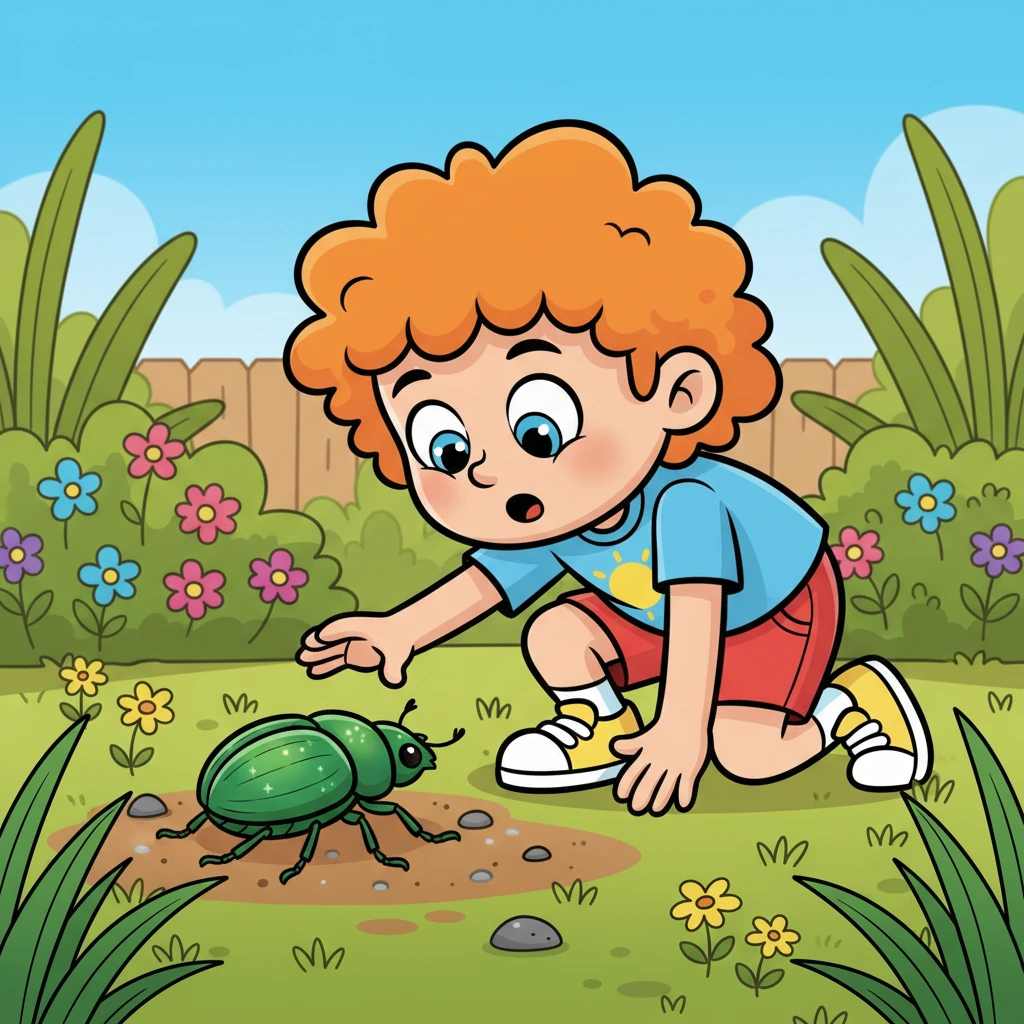 Pip vindt een glimmende kever in de tuin. Hij bukt voorzichtig en kijkt met intense nieuwsgierigheid naar het kleine beestje. Wat zou de kever doen? Hij volgt elke beweging met fascinatie.