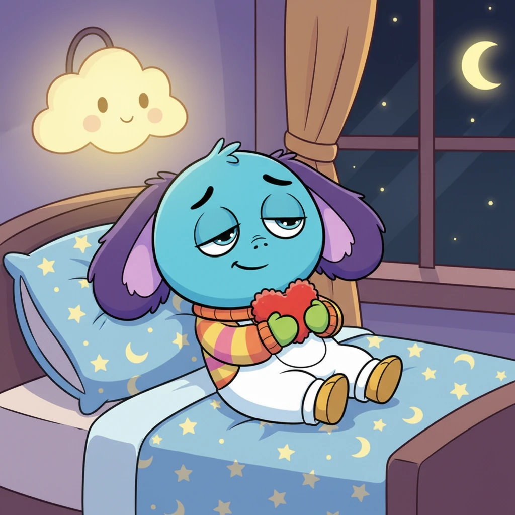 Na een dag vol emoties ligt Pip lekker in zijn bedje. Hij heeft zijn knuffel vast en zijn ogen vallen langzaam dicht. Een vredig en tevreden gevoel omhult hem, veilig en geliefd.