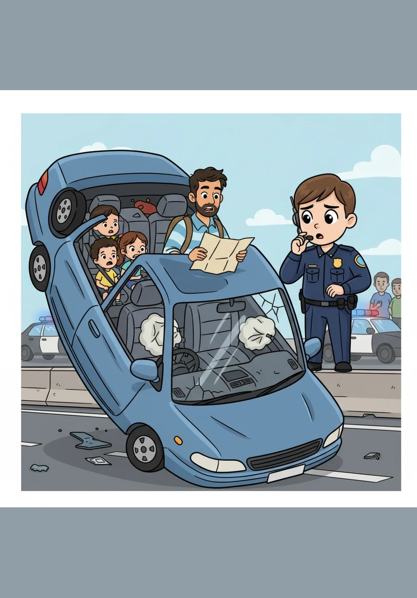 Dust and glass shimmered in the bright Thursday sunlight on the busy freeway where two cars had collided. Inside a crumpled blue vehicle that had rolled onto its side, a small boy named Liam reached for a phone that had fallen between the seats.