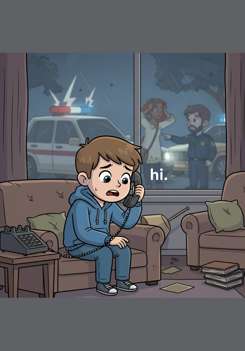 With trembling fingers, Liam pressed the buttons to call for help while the world outside felt loud and confusing. His voice was a tiny, shaky whisper as he said "hi" to the kind police dispatcher on the other end of the line.