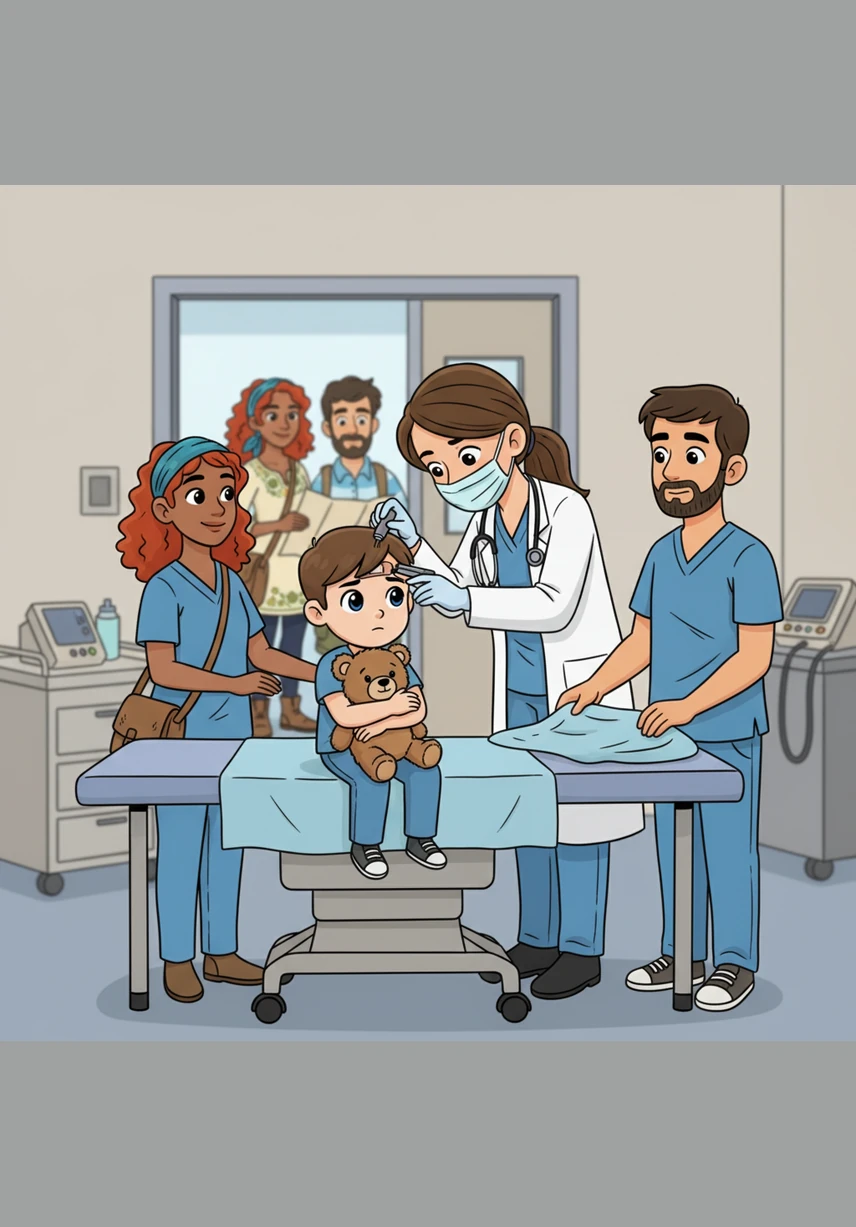 In the quiet exam room, a gentle doctor placed staples in Liam's forehead to help a deep cut heal from the accident. Liam stayed very still, holding onto a soft stuffed bear while the nurses made sure he was comfortable and safe.