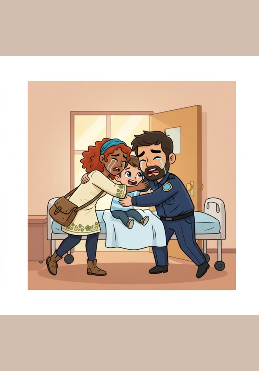 The door burst open, and Liam’s heart leaped as his mom and dad rushed into the room, still wearing their uniforms. They gathered him into a warm, tearful hug, their faces filled with relief because their little boy was okay.