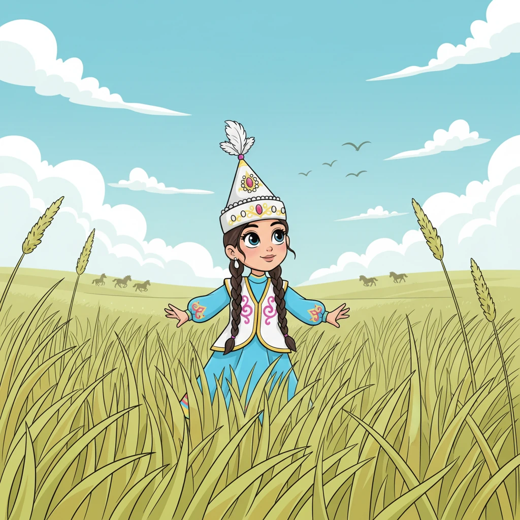 Маленькая Улпан играла среди высоких трав бескрайней казахской степи. Ее глаза сияли любопытством, когда она наблюдала за птицами и скачущими лошадьми. Степь была ее домом, полным тайн и приключений, и Улпан чувствовала себя ее частью.