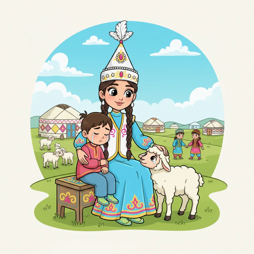 Годы шли, и Улпан выросла в добрую и заботливую девушку. Она всегда была готова помочь своему аулу, будь то уход за ягнятами или утешение грустного ребенка. Ее улыбка согревала сердца, а мудрые слова приносили покой всем вокруг.