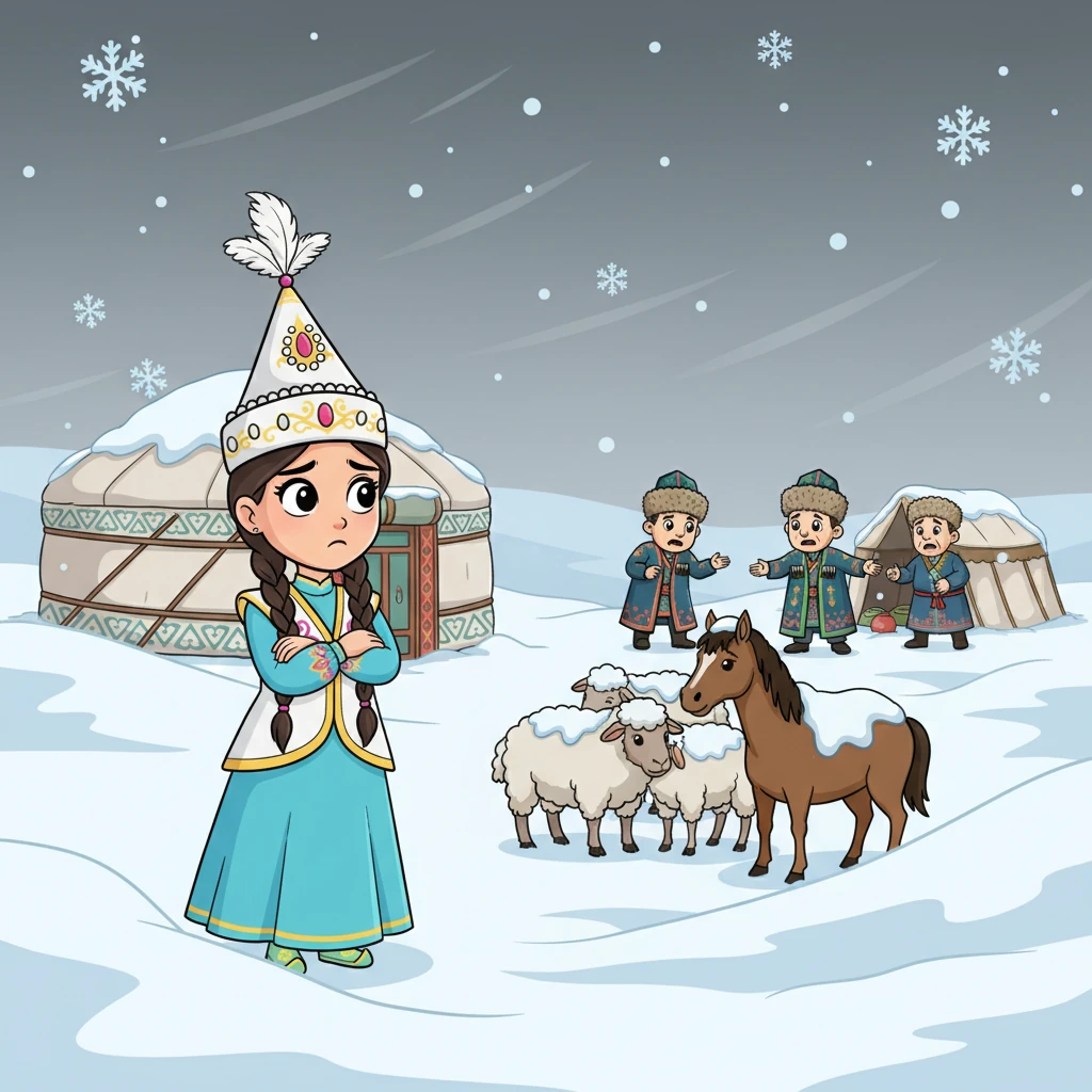 Однажды на аул обрушилась суровая зима, принеся с собой сильные метели и глубокие снега. Животные мерзли, а запасы еды заканчивались. Люди начали беспокоиться, их лица были полны тревоги.