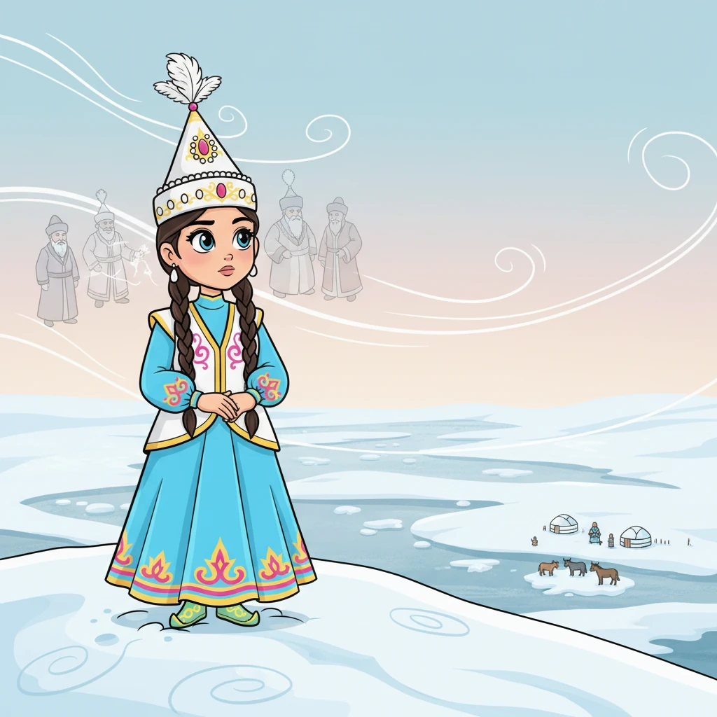 Улпан стояла на холме, глядя на заснеженную степь. Ее взгляд был задумчивым, она внимательно слушала свист ветра и шепот старейшин. Она знала, что нужно найти решение, чтобы спасти свой народ и их скот.