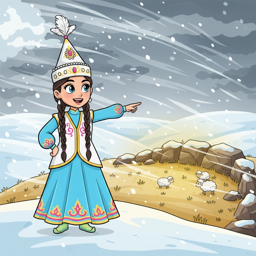 Внезапно, у Улпан появилась блестящая идея! Она вспомнила старинные легенды и свои наблюдения за животными. Она указала на скрытую долину, защищенную от ветра, где, как она верила, можно найти укрытие и скудную траву.