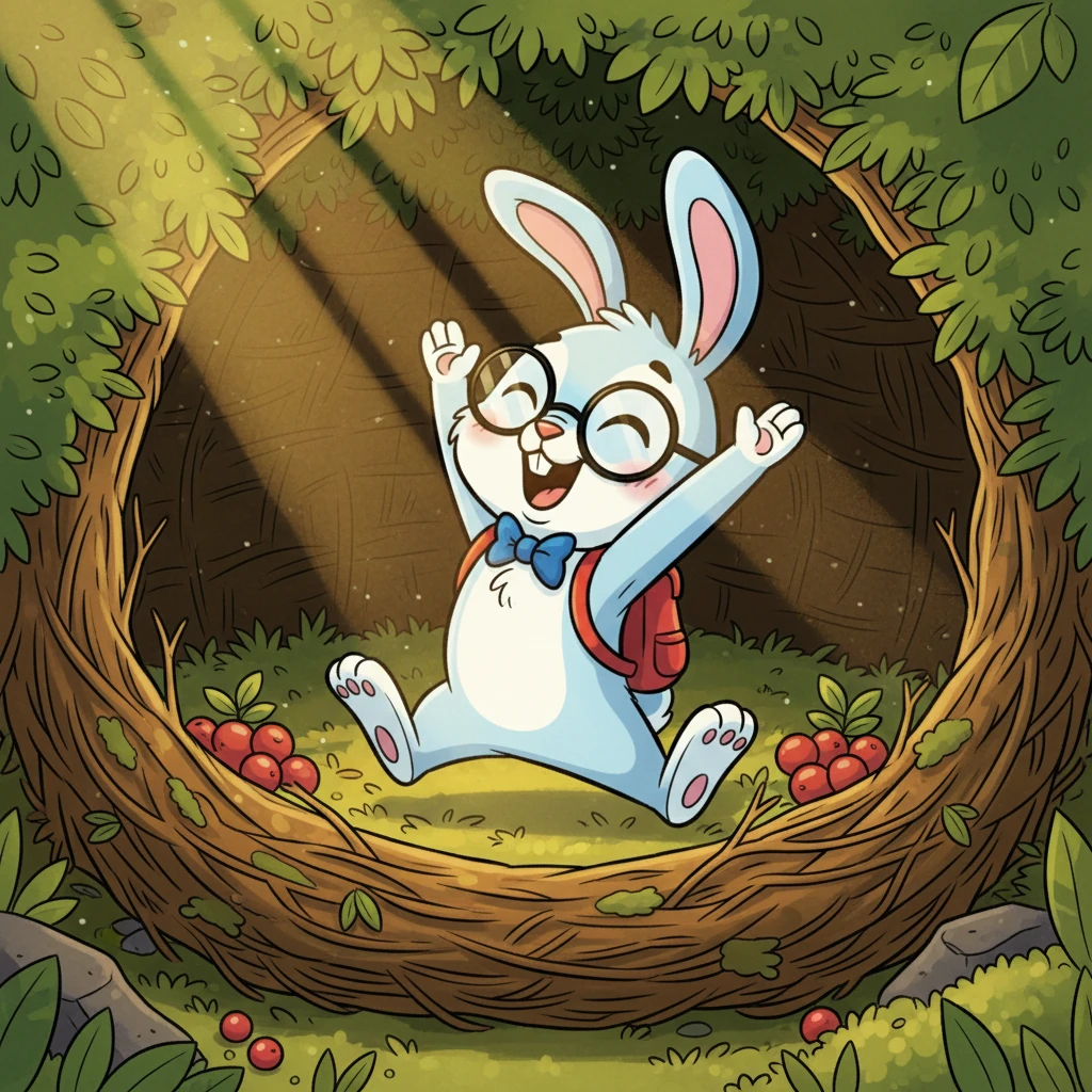 Boni, kelinci pintar dengan telinga panjang dan hidung berkedut, baru saja bangun di sarangnya yang nyaman. Sinar matahari pagi menembus dedaunan, mengisi ruangan dengan cahaya keemasan. Ia meregangkan kakinya yang lincah, siap untuk hari yang penuh kesenangan.