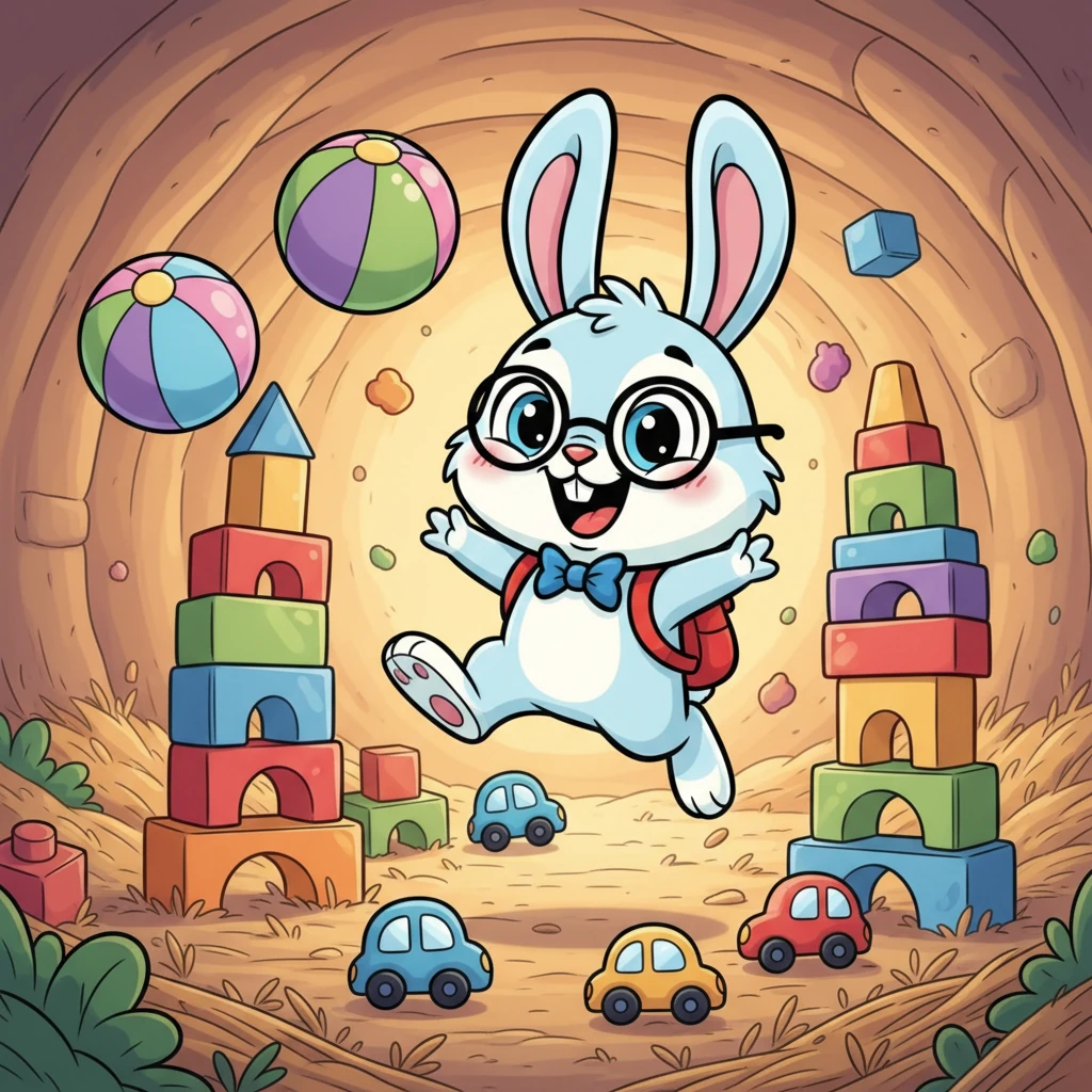 Di tengah sarangnya, Boni dikelilingi oleh tumpukan mainan warna-warni: balok-balok tinggi, mobil-mobilan kecil, dan bola-bola melenting. Ia asyik bermain sendiri, melompat-lompat di antara mainannya dengan gembira. Wajahnya berseri-seri penuh kebahagiaan.