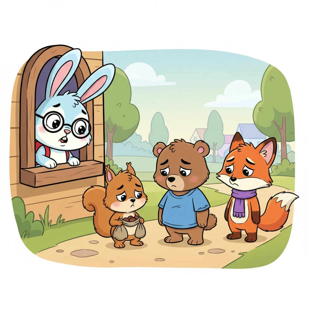 Tiba-tiba, Boni mendengar suara langkah kaki di luar. Ia mengintip dan melihat teman-temannya—Tupai Ciko, Beruang Cilik Bobi, dan Rubah Kiki—berdiri lesu. Mereka tampak sedih, bahu mereka terkulai dan kepala menunduk.