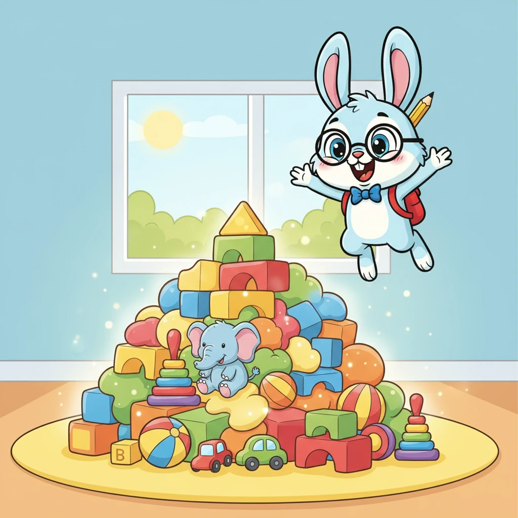 Boni melompat ke tumpukan mainan. "Kita bisa bermain bersama!" katanya riang. "Aku punya banyak mainan, dan berbagi itu menyenangkan. Kita bisa membuat cerita seru dengan semua ini!"