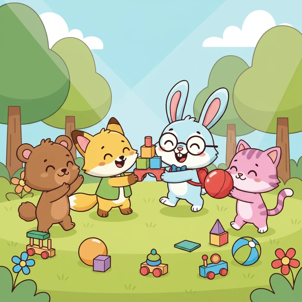 Tak lama kemudian, Hutan Ceria dipenuhi tawa riang. Boni, Ciko, Bobi, dan Kiki bermain bersama dengan harmonis, berbagi setiap mainan. Mereka belajar bahwa kebahagiaan terbesar datang dari berbagi dan bermain bersama.