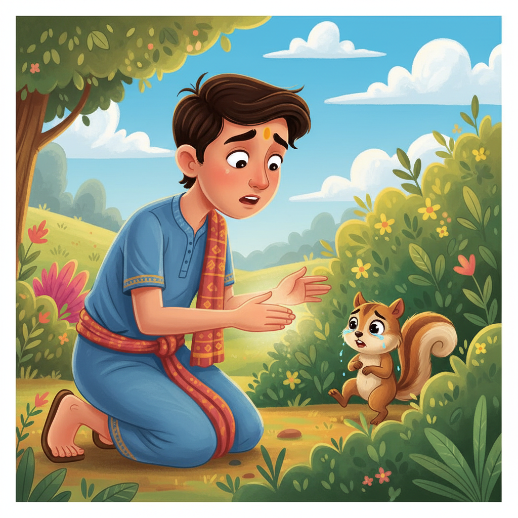 திடீரென்று, அருகில் இருந்த புதருக்குள் இருந்து ஒரு மெல்லிய அழுகுரல் கேட்டது. கண்ணன் சத்தம் வந்த திசையை நோக்கிச் சென்று பார்த்தபோது, ஒரு சிறிய அணில் குட்டி காலில் காயத்துடன் பயந்து நடுங்கிக் கொண்டிருந்தது.