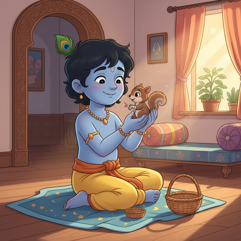 கண்ணன் மிகுந்த இரக்கத்துடன் அந்த அணில் குட்டியை மெதுவாகத் தன் கைகளில் எடுத்துக்கொண்டான். அவன் அதைத் தன் வீட்டிற்குப் பாதுகாப்பாகக் கொண்டு வந்து, ஒரு மென்மையான துணியில் படுக்க வைத்தான்.